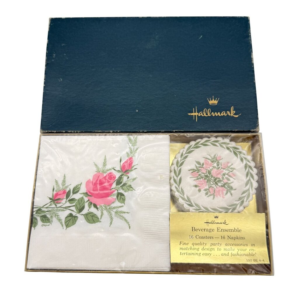 Vtg Hallmark Beverage Ensemble Coasters & Napkins Set Pink Rose Floral NIB